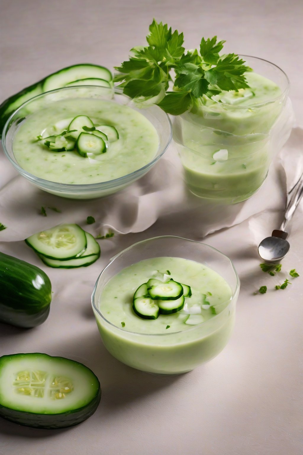 A high-resolution photo of chilled cucumber gazpacho with cucumber slices on top, under soft lighting.