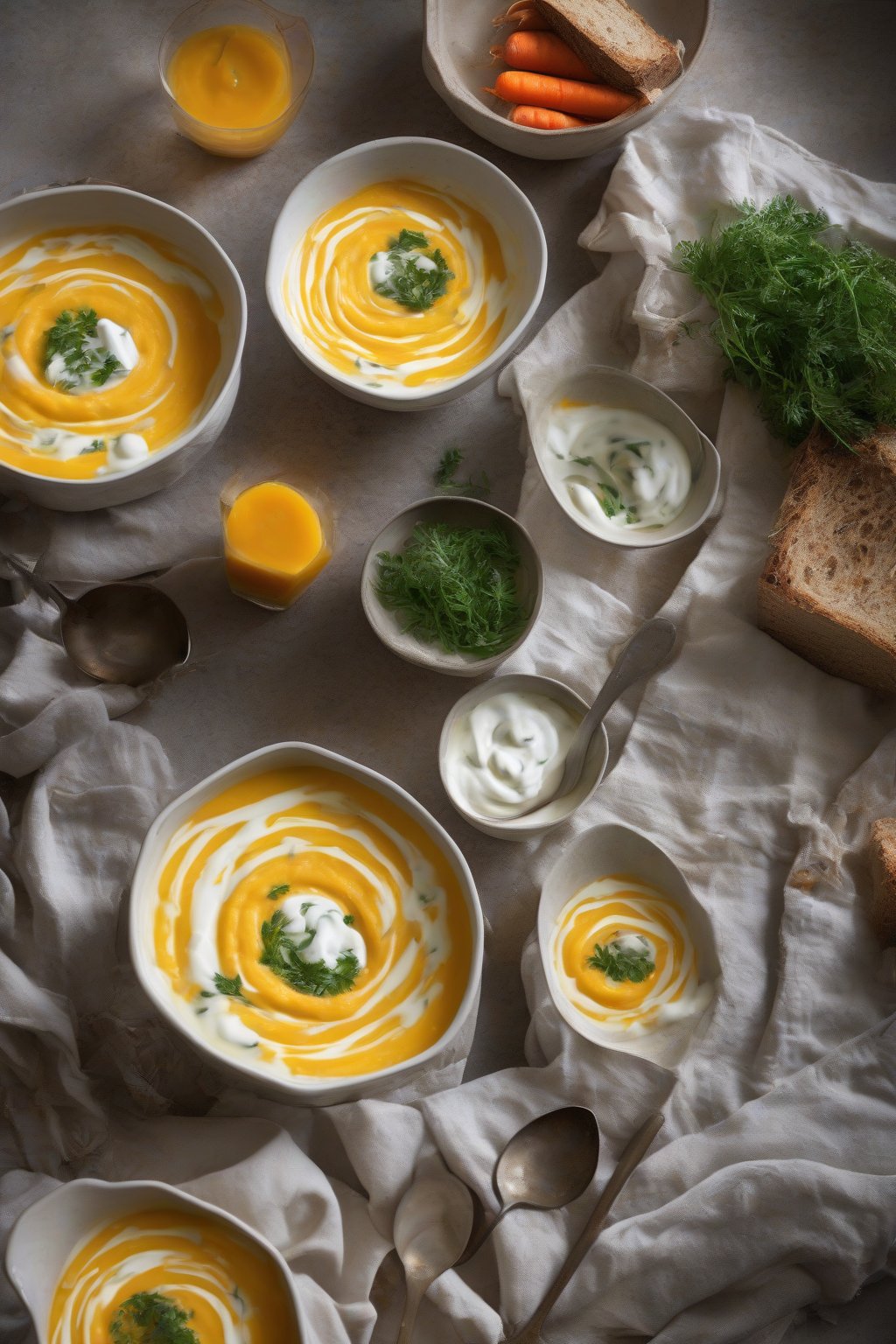 A high-resolution photo of golden beet and carrot soup swirled with yogurt, under soft lighting.