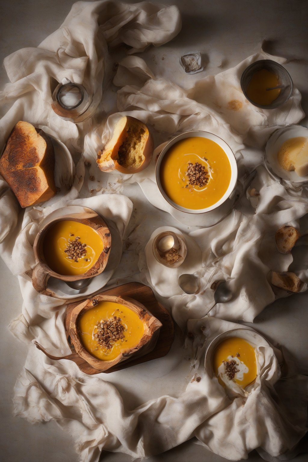 A high-resolution photo of roasted butternut squash soup with nutmeg dusting, under soft lighting.