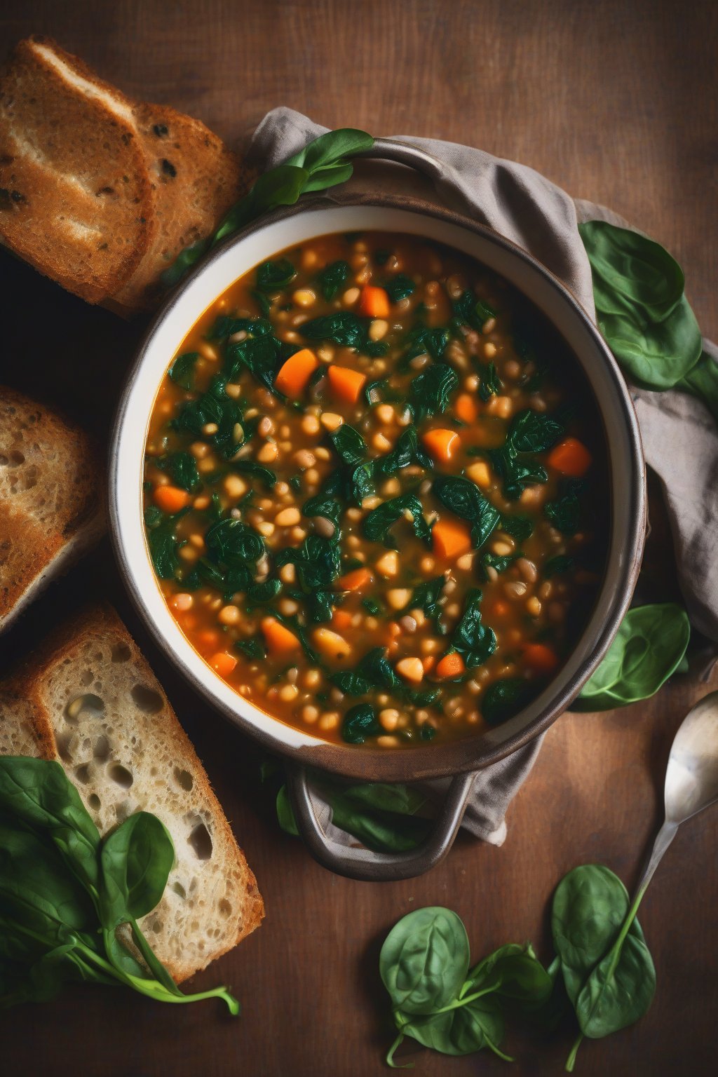A high-resolution photo of hearty lentil vegetable soup with fresh spinach stirred in, under soft lighting.