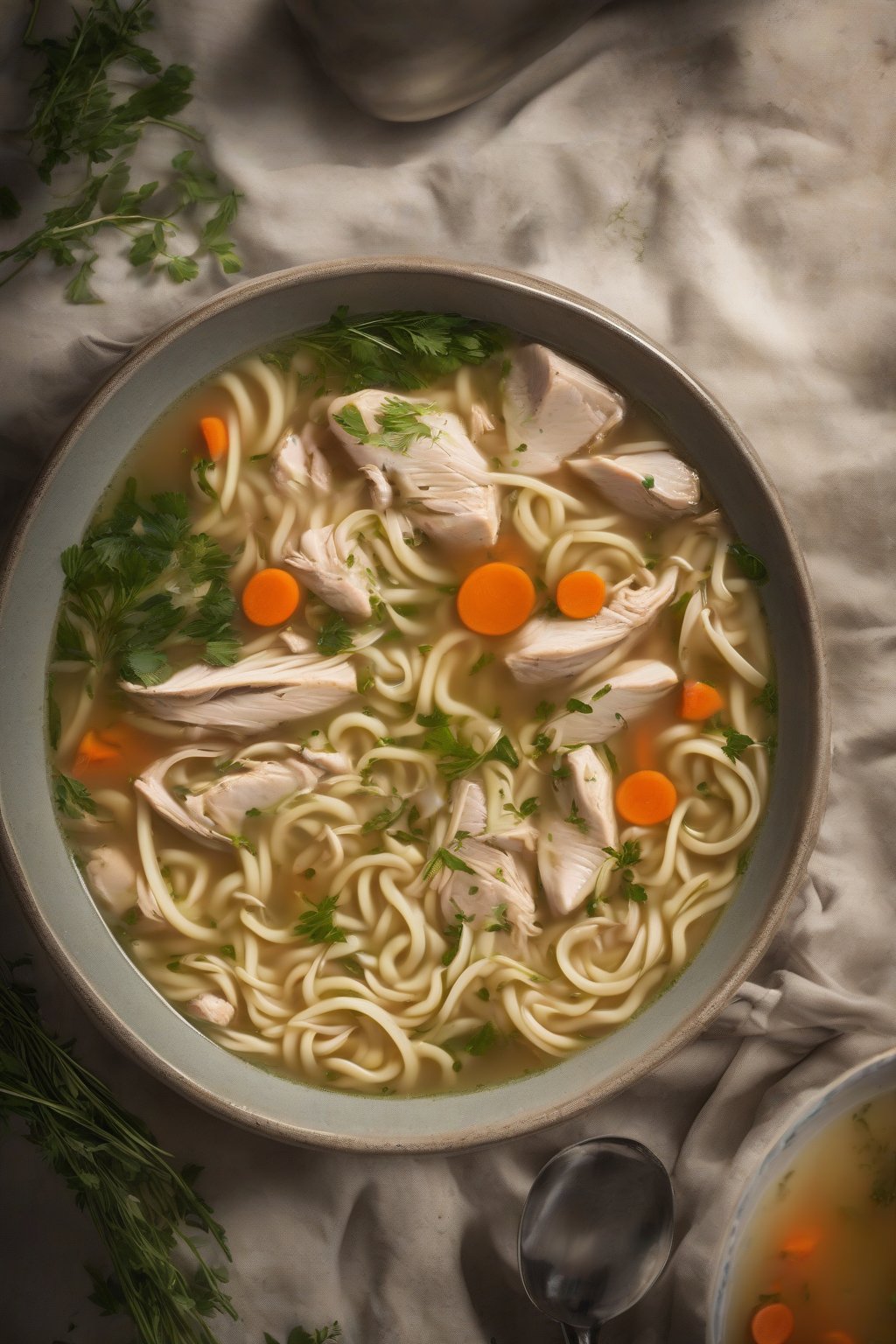 A high-resolution photo of steaming chicken noodle soup with herbs, under soft lighting.