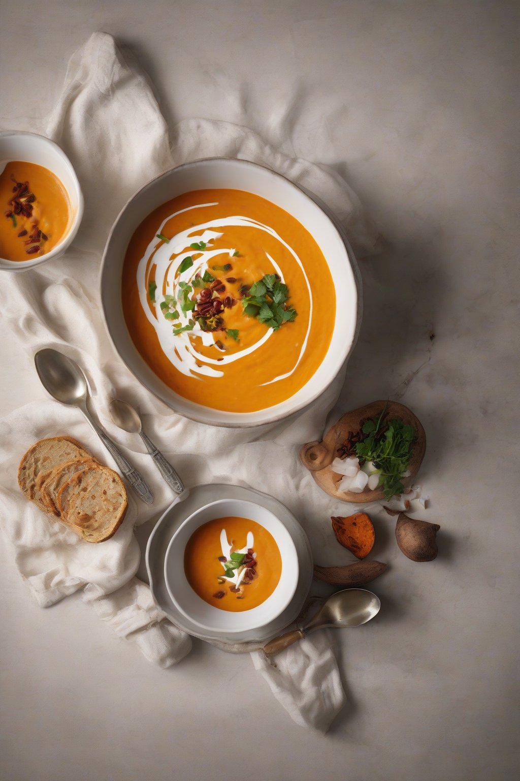 A high-resolution photo of spicy sweet potato soup drizzled with coconut milk, under soft lighting.