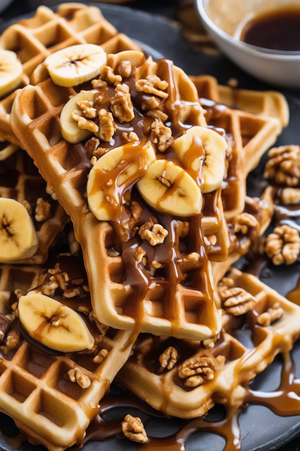 A close-up photo of banana nut golden waffles topped with sliced bananas and walnuts, caramel sauce drizzle, under soft lighting.