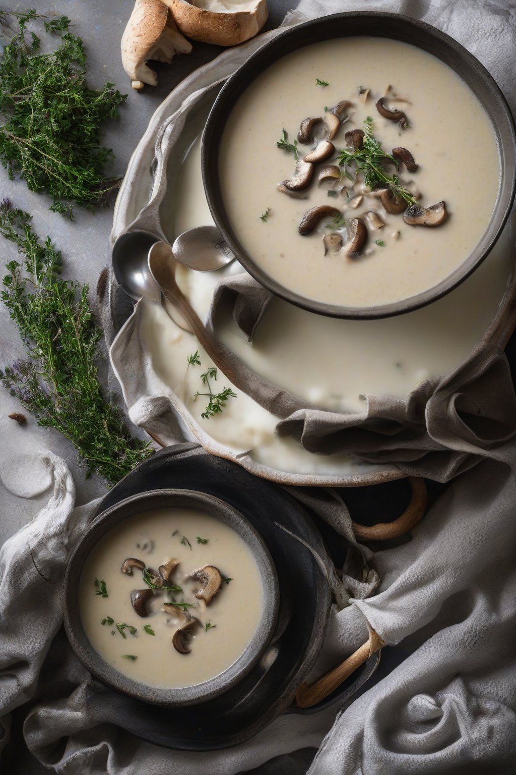 A high-resolution photo of creamy mushroom thyme soup with thyme sprigs, under soft lighting.