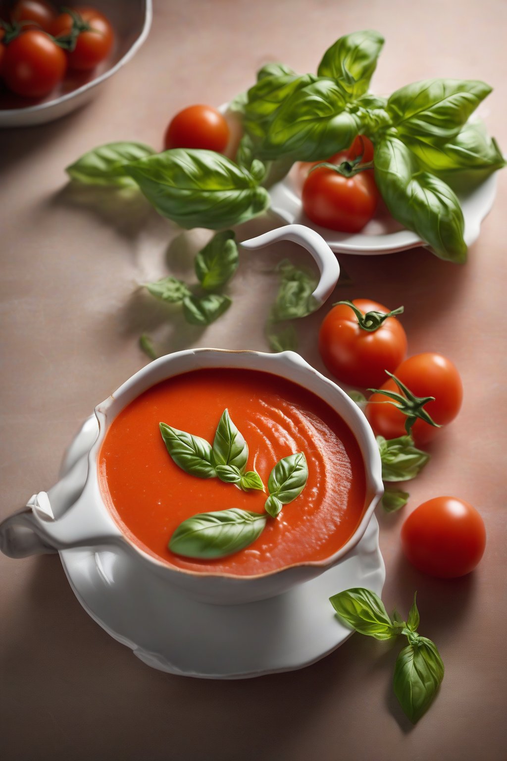 A high-resolution photo of tomato basil soup with basil leaves floating, under soft lighting.