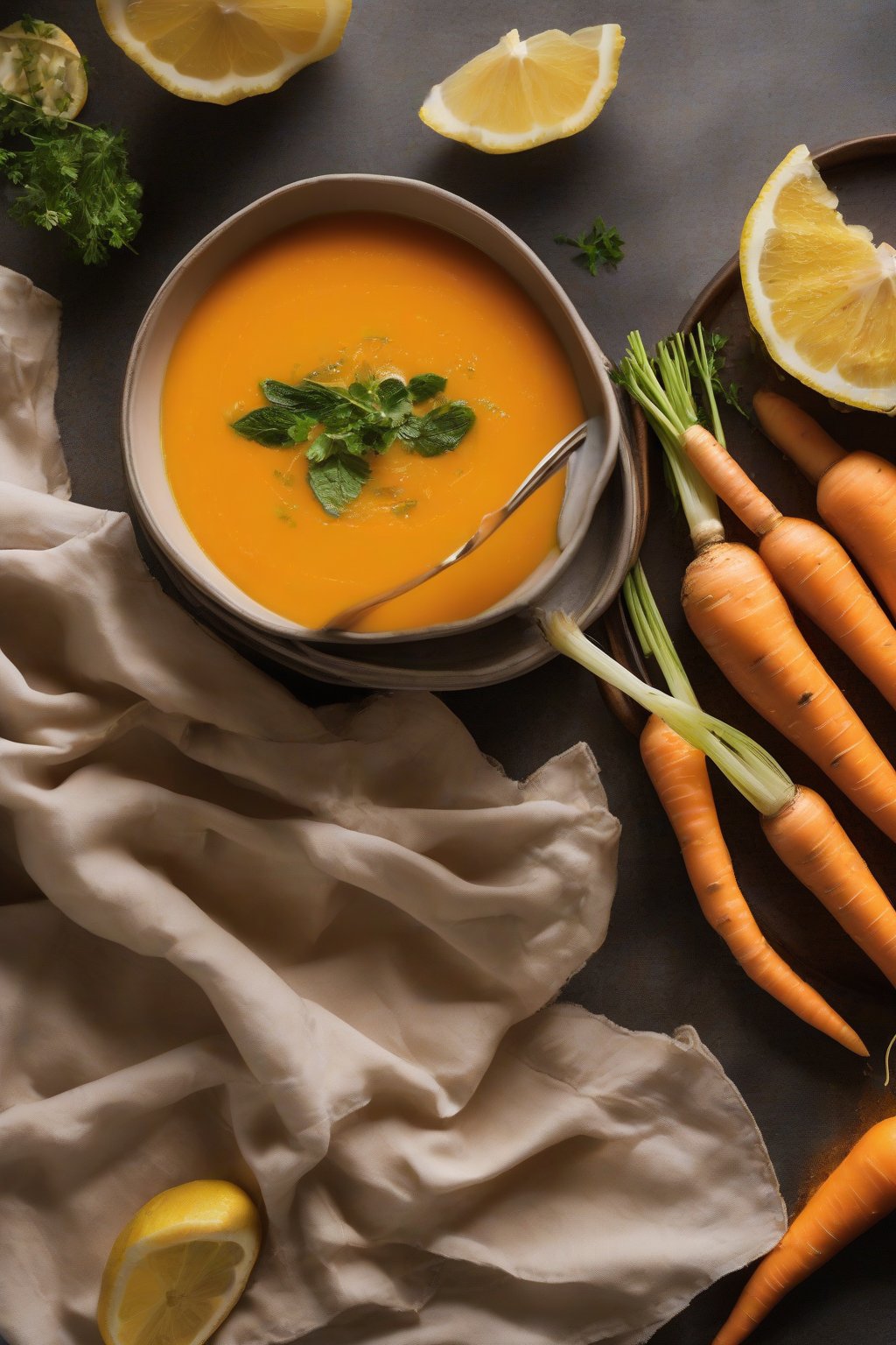 A high-resolution photo of bright orange carrot ginger soup with lemon wedge, under soft lighting.