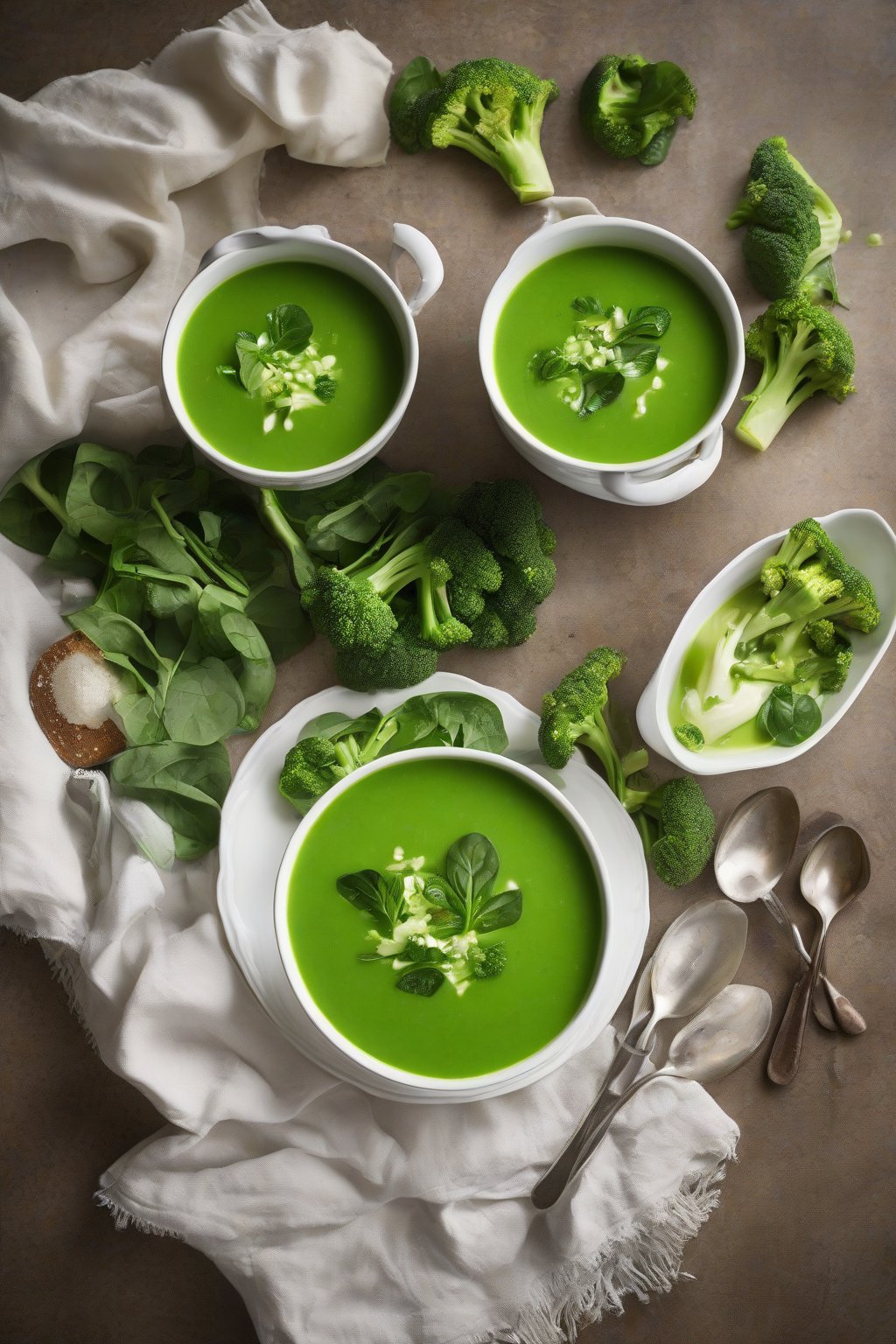A high-resolution photo of vivid green broccoli spinach soup, under soft lighting.