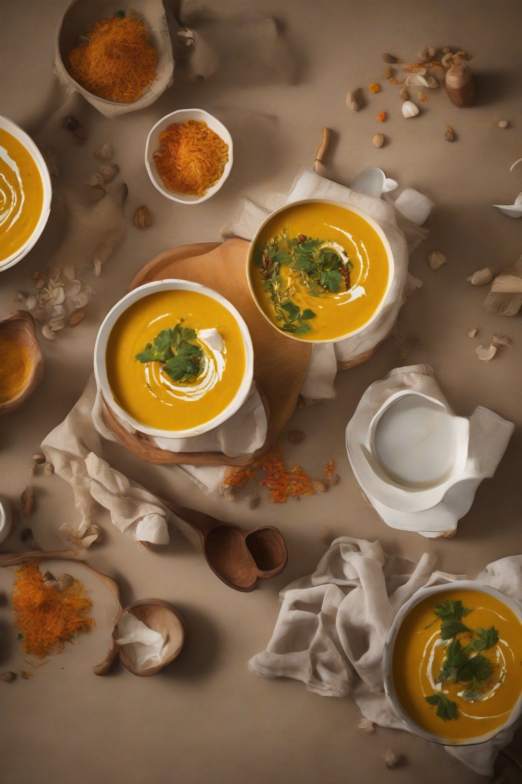 A high-resolution photo of coconut curry pumpkin soup with curry swirl, under soft lighting.
