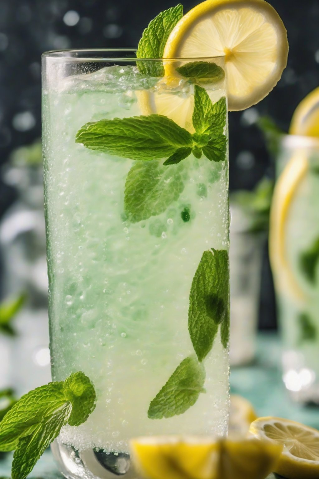 A close-up photo of sparkling mint lemonade in a tall glass garnished with mint sprigs and lemon slices, bubbles rising under soft lighting.