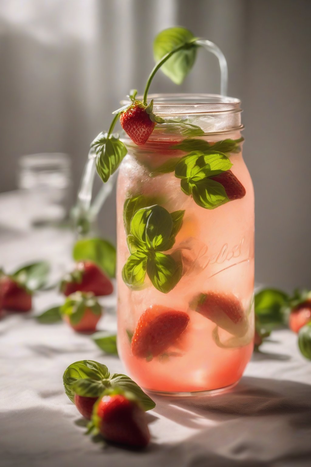 A close-up photo of strawberry basil lemonade with floating strawberry slices and basil leaves in a mason jar, under soft lighting.