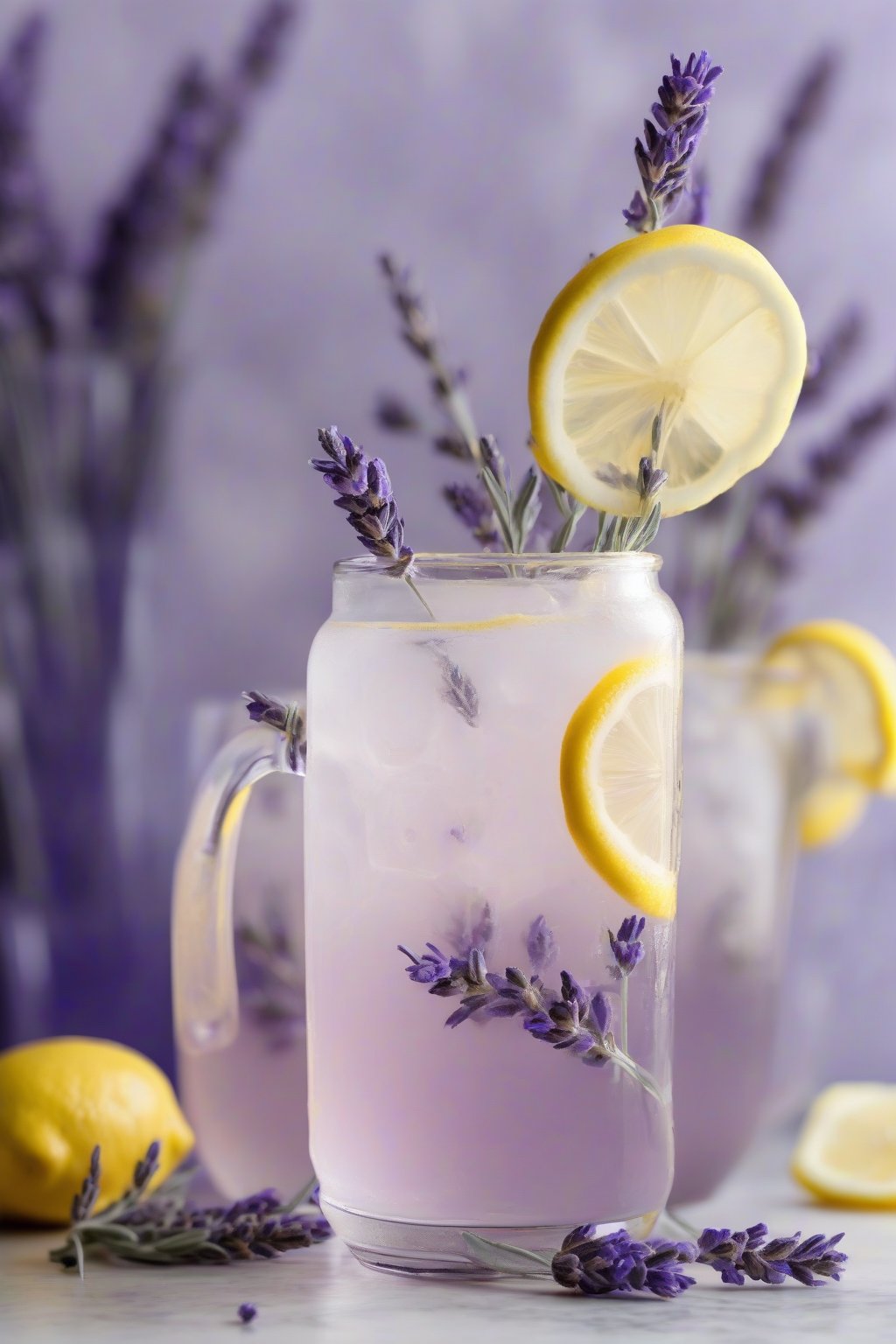 A close-up photo of lavender lemonade tinted pale purple, garnished with lavender sprigs and lemon wheels in a clear glass pitcher, under soft lighting.