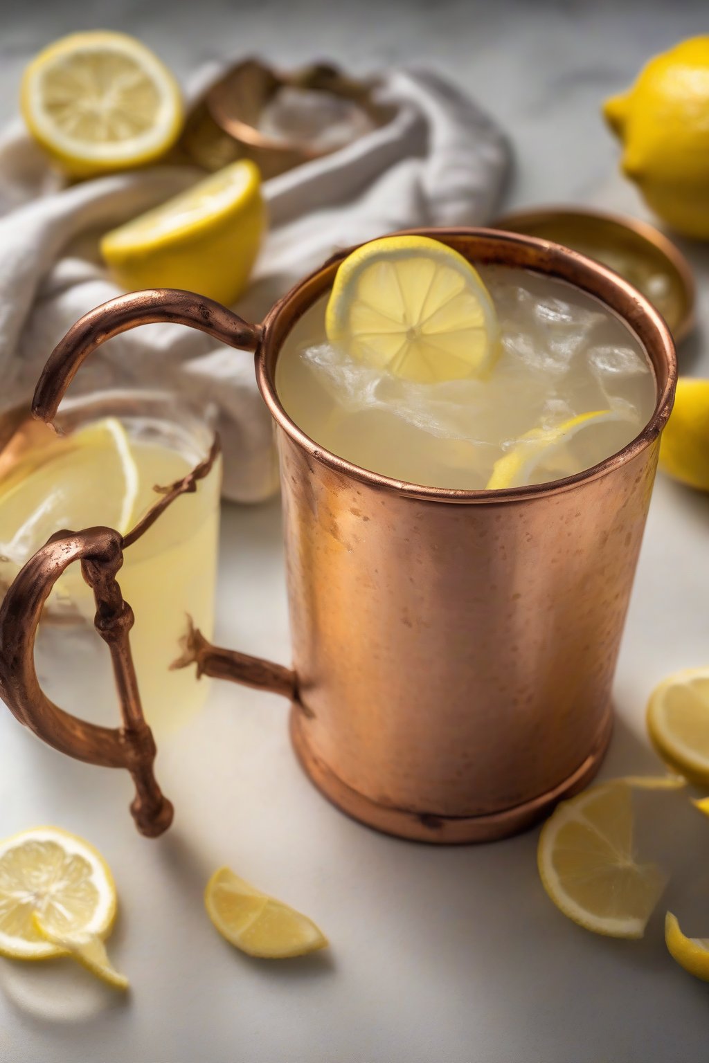 A close-up photo of ginger lemonade with thin ginger slices and lemon zest floating, served in a copper mug, under soft lighting.