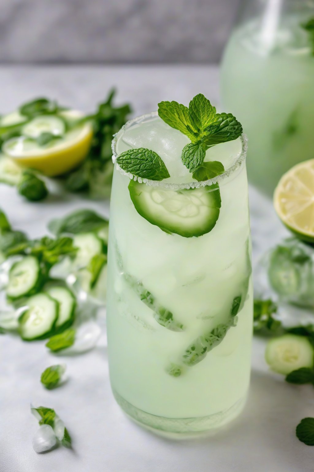 A close-up photo of cucumber mint lemonade with cucumber ribbons and mint garnish in a frosted glass, under soft lighting.