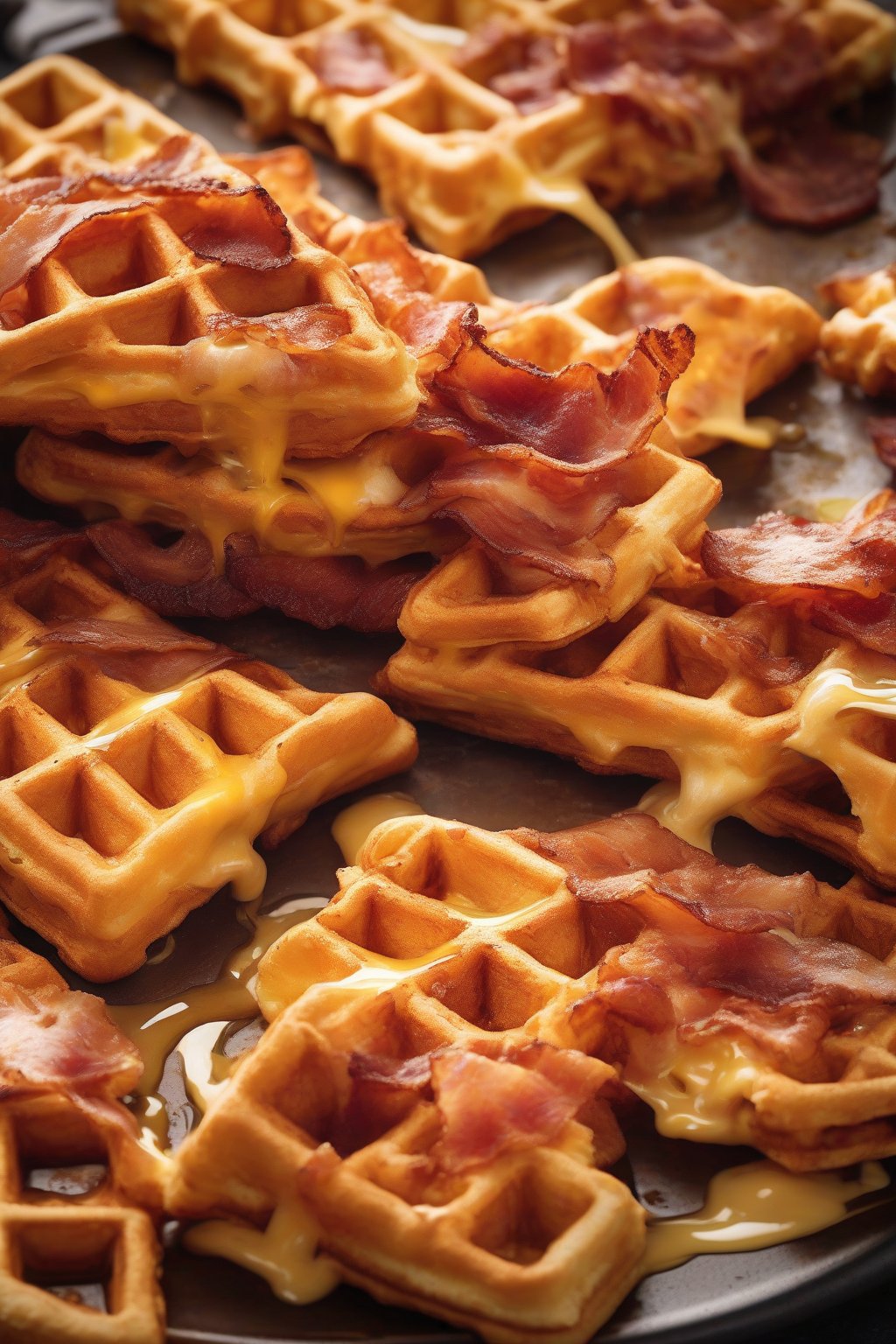 A high-resolution photo of savory cheddar bacon golden waffles with crispy edges, melted cheese oozing, under soft lighting.