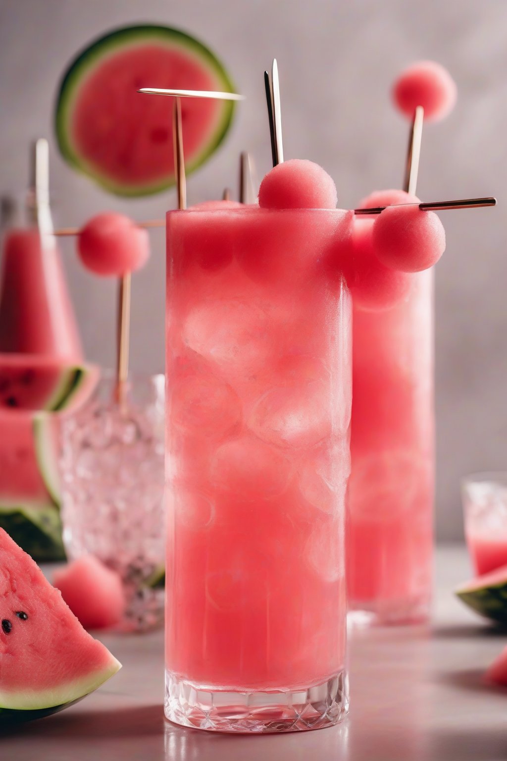 A close-up photo of vibrant pink watermelon lemonade with watermelon balls on skewers, in a highball glass, under soft lighting.