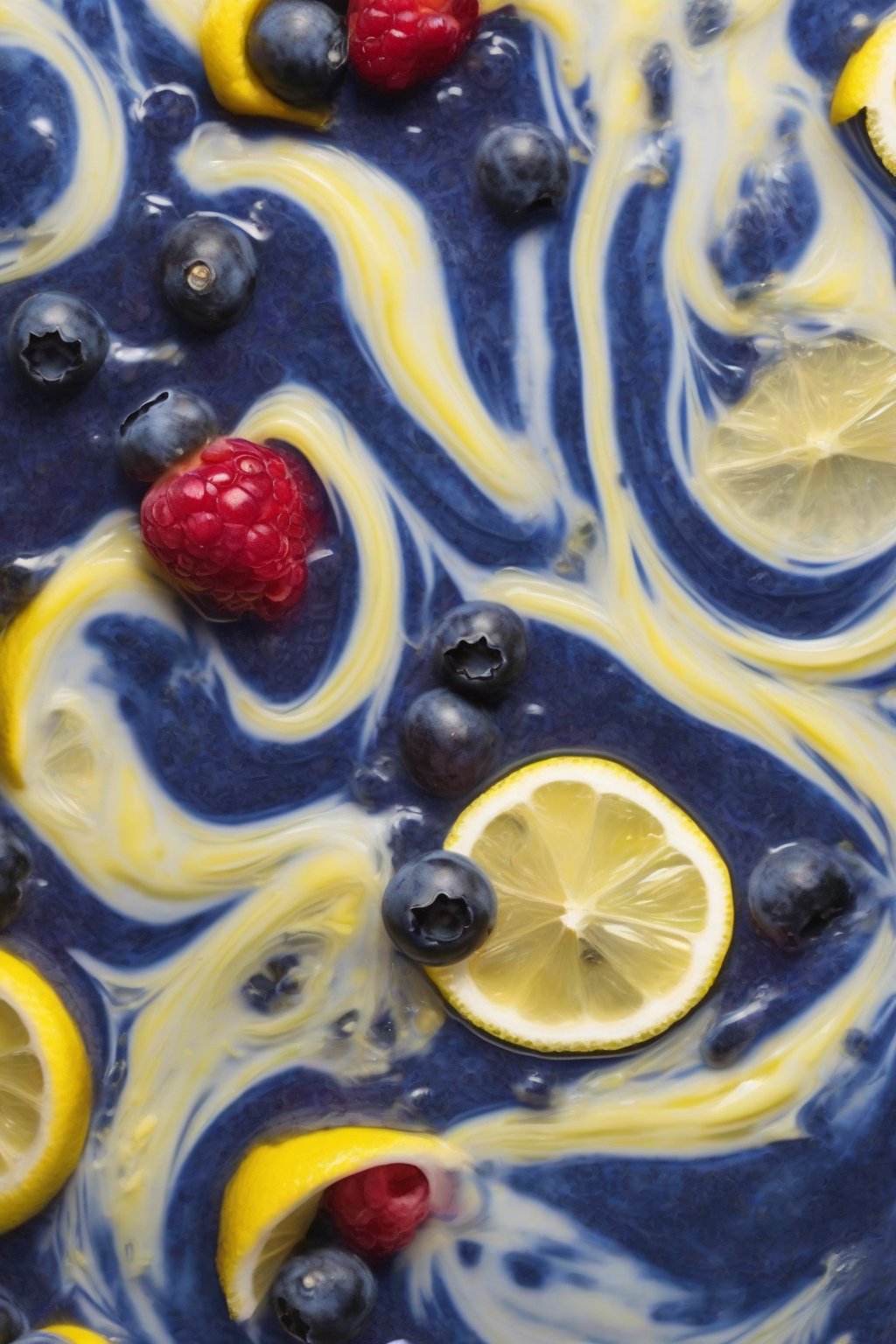 A close-up photo of deep blue blueberry lemonade swirled with fresh berries and lemon zest, in a chilled tumbler, under soft lighting.