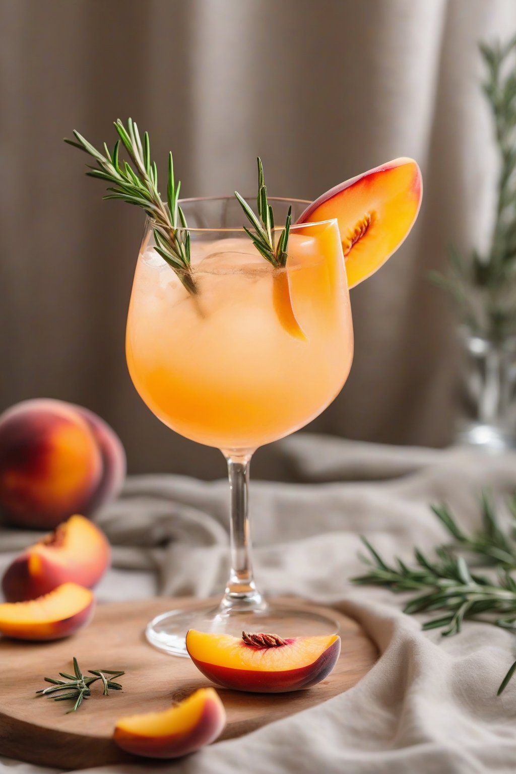 A close-up photo of peach rosemary lemonade with peach wedges and rosemary sprig, served in a wine glass, under soft lighting.