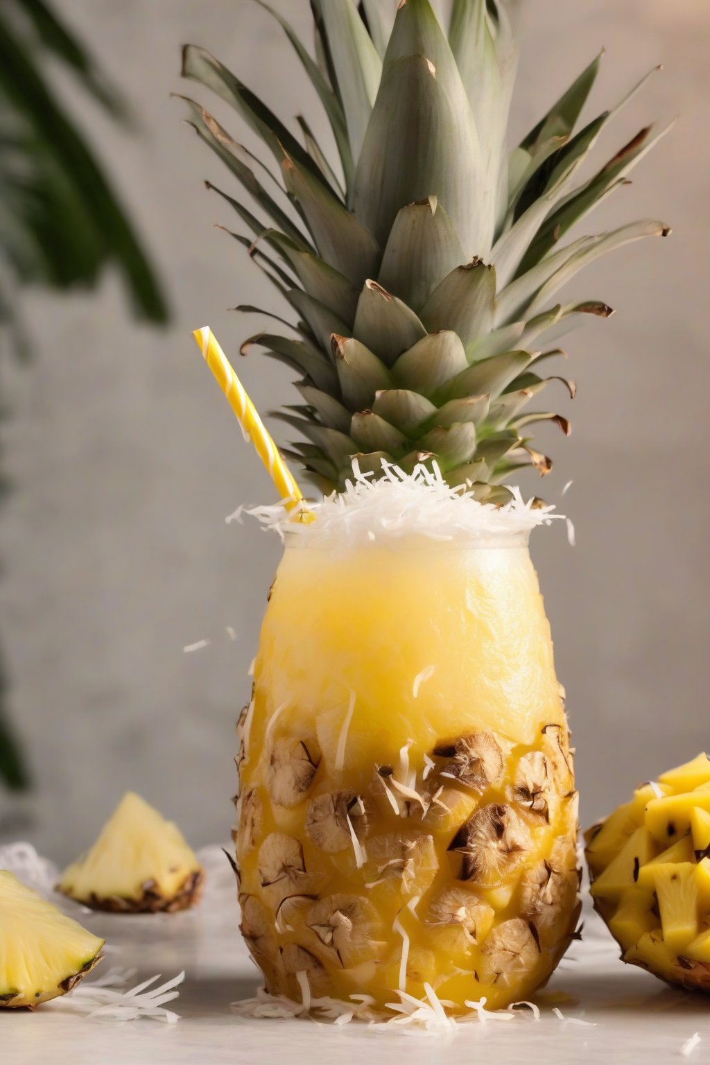 A close-up photo of pineapple coconut lemonade topped with pineapple rings and shredded coconut, in a tiki mug, under soft lighting.