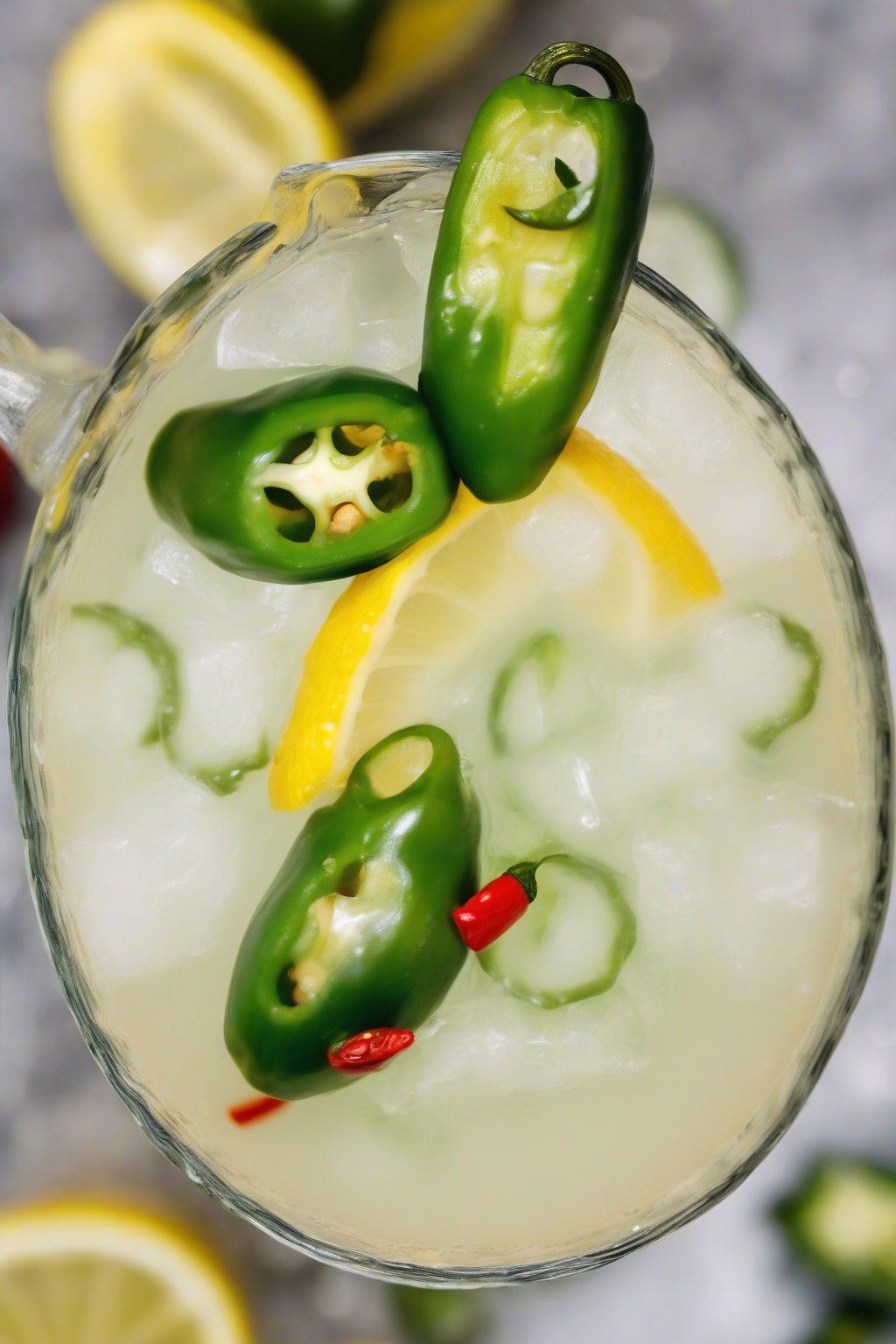 A close-up photo of spicy jalapeño lemonade with jalapeño slices and chili rim, fizzing slightly, under soft lighting.