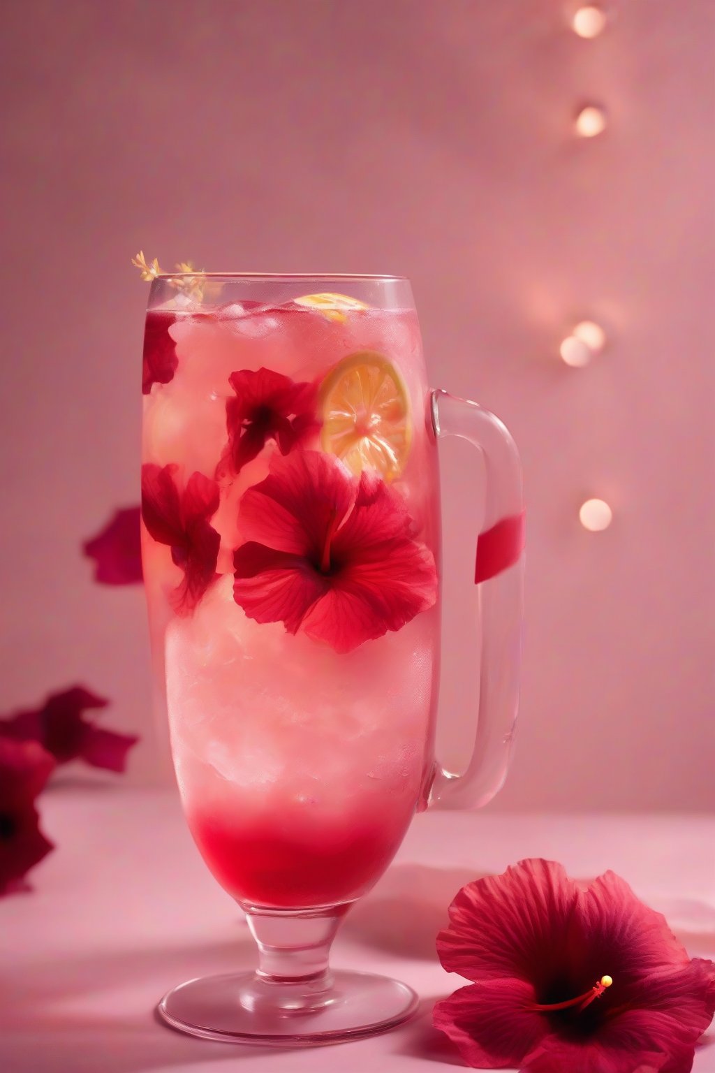 A close-up photo of deep red hibiscus lemonade with hibiscus flowers floating, in an elegant glass, under soft lighting.
