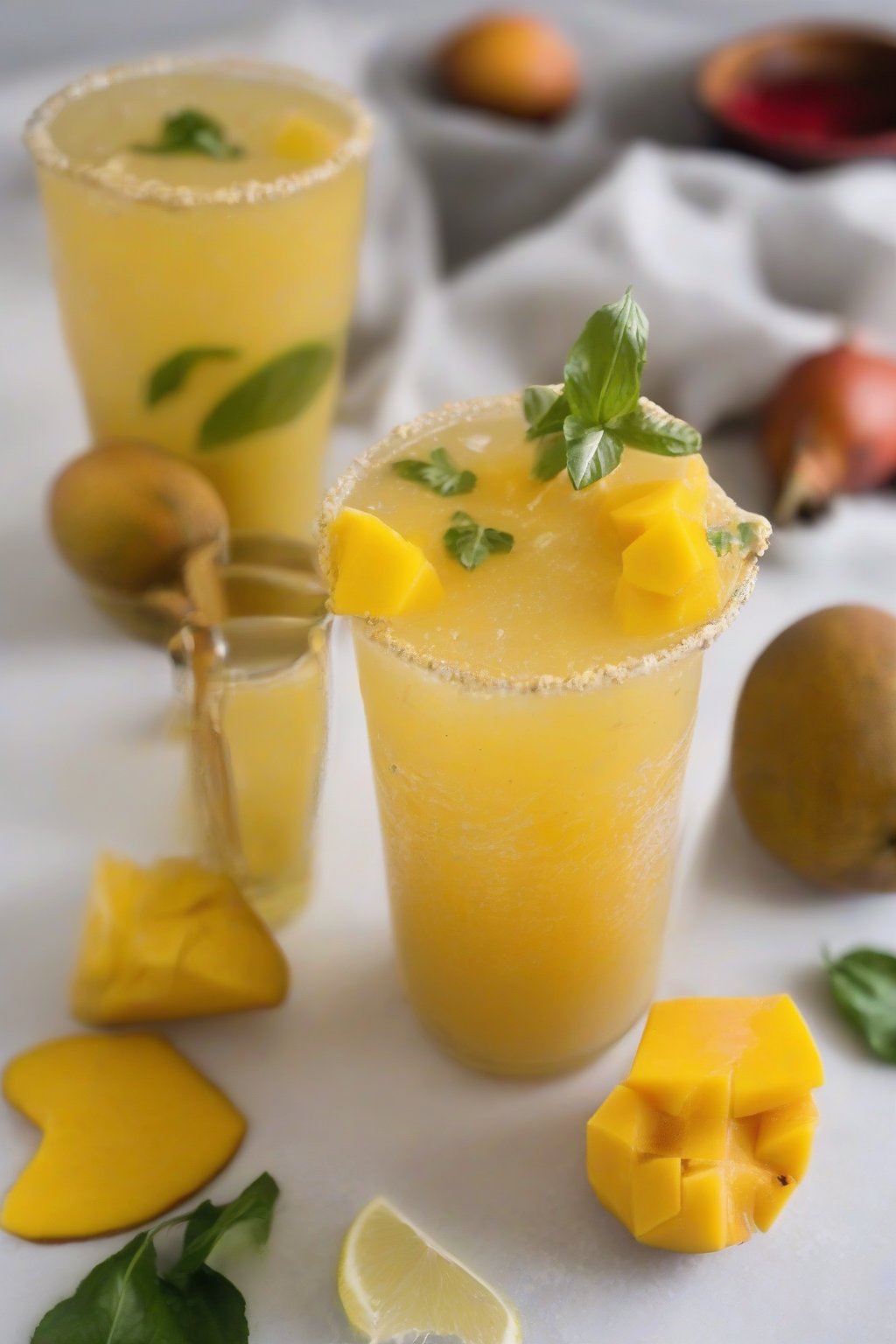 A close-up photo of golden mango chili lemonade dusted with chili powder and mango chunks, under soft lighting.