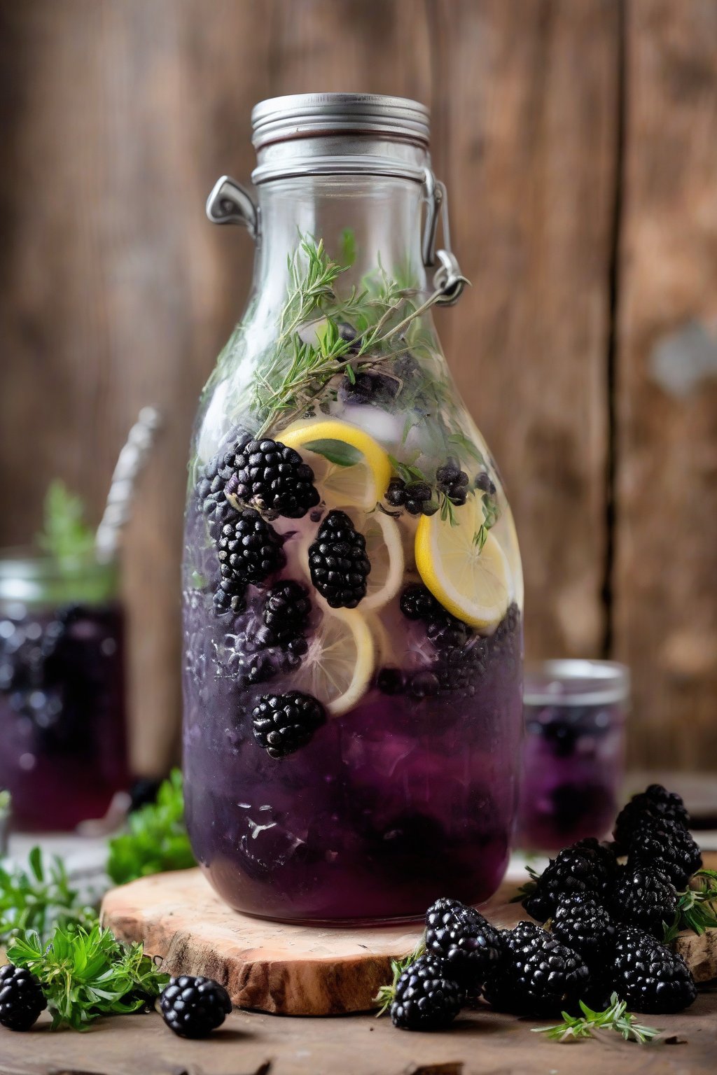 A close-up photo of blackberry thyme lemonade with blackberry clusters and thyme accents, in a rustic jar, under soft lighting.