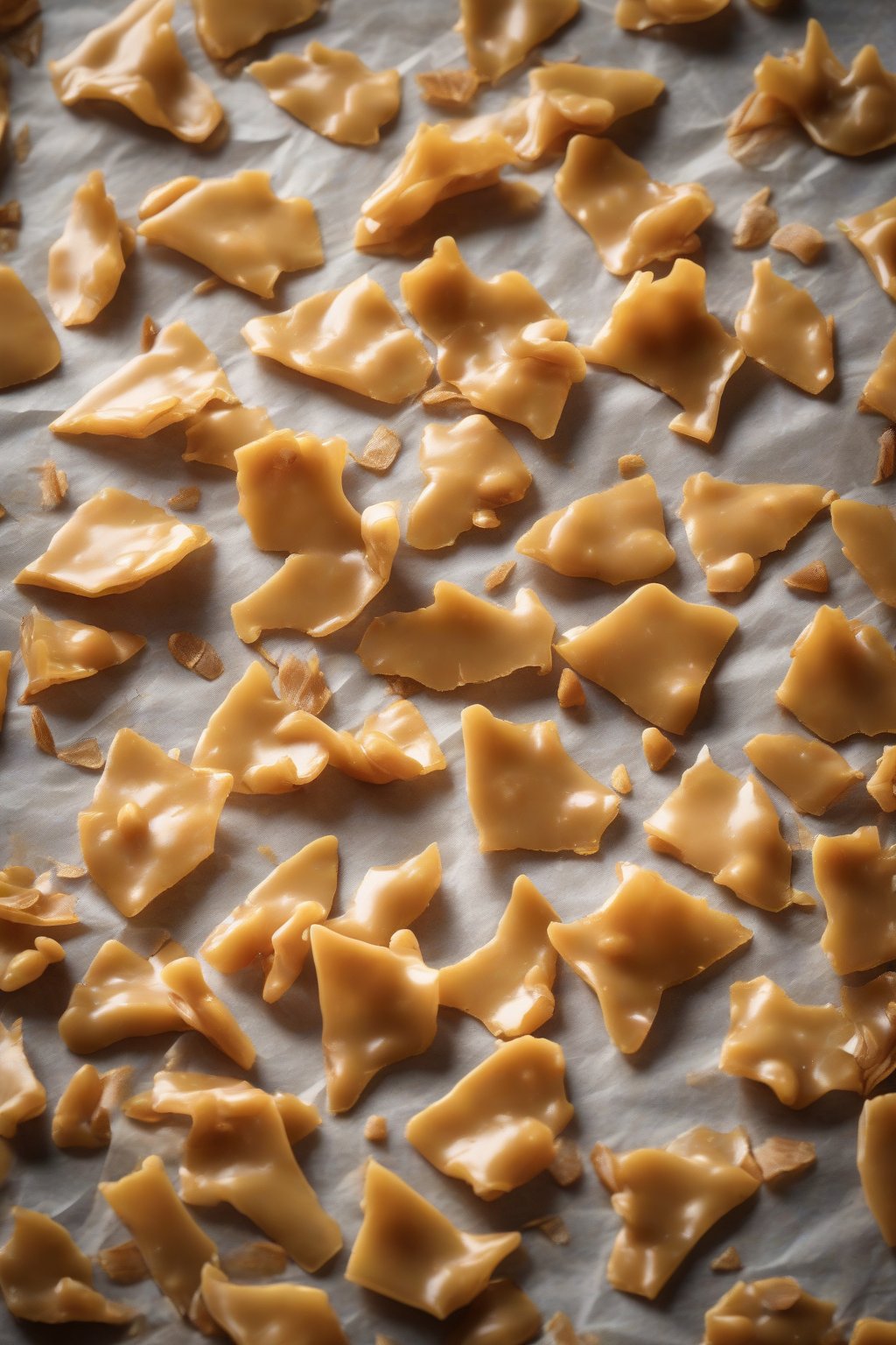 A high-resolution photo of classic golden peanut brittle shards scattered on parchment paper under soft lighting.