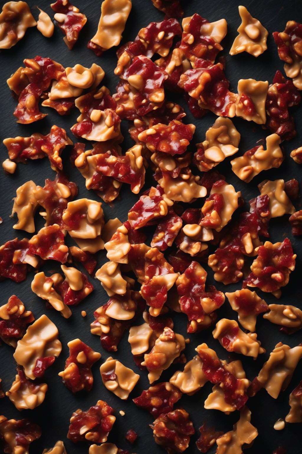 A high-resolution photo of spicy red-flecked peanut brittle pieces on a dark slate board under soft lighting.