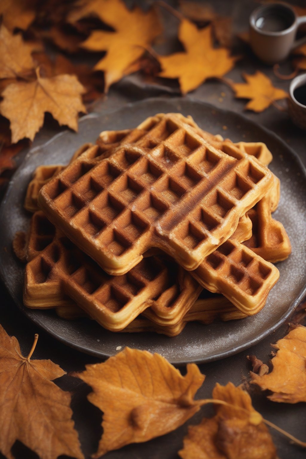 A close-up photo of pumpkin spice golden waffles dusted with cinnamon sugar, autumn leaves backdrop, under soft lighting.