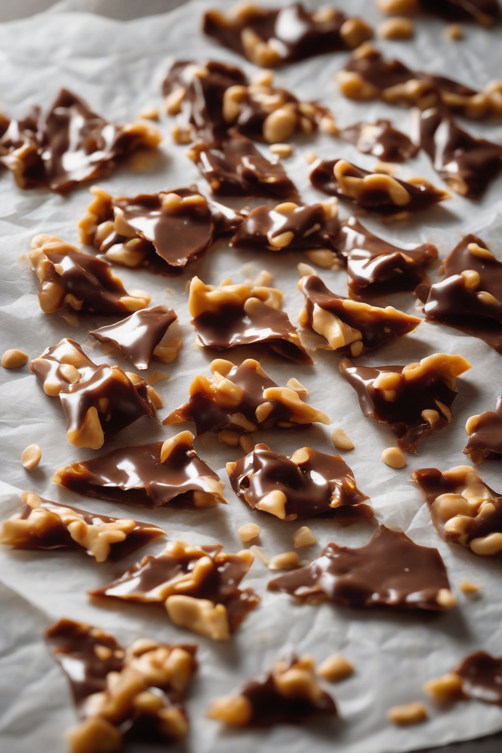 A high-resolution photo of chocolate-dipped peanut brittle shards glistening on wax paper under soft lighting.