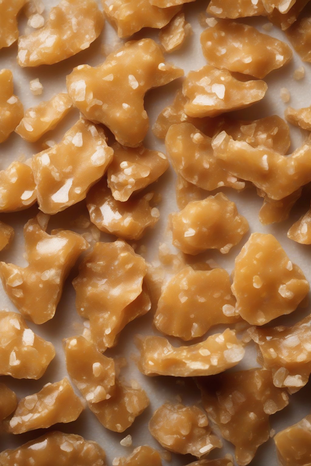 A high-resolution photo of sea salt-crusted golden peanut brittle close-up under soft lighting.