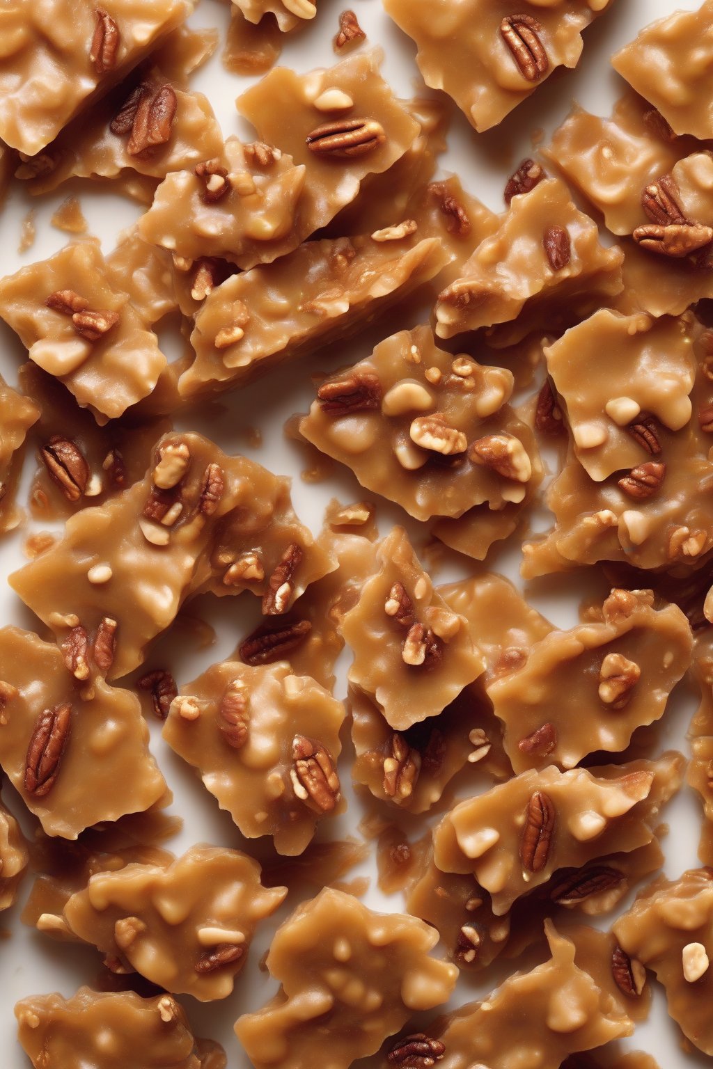 A high-resolution photo of chunky maple pecan-peanut brittle pieces with cinnamon flecks under soft lighting.