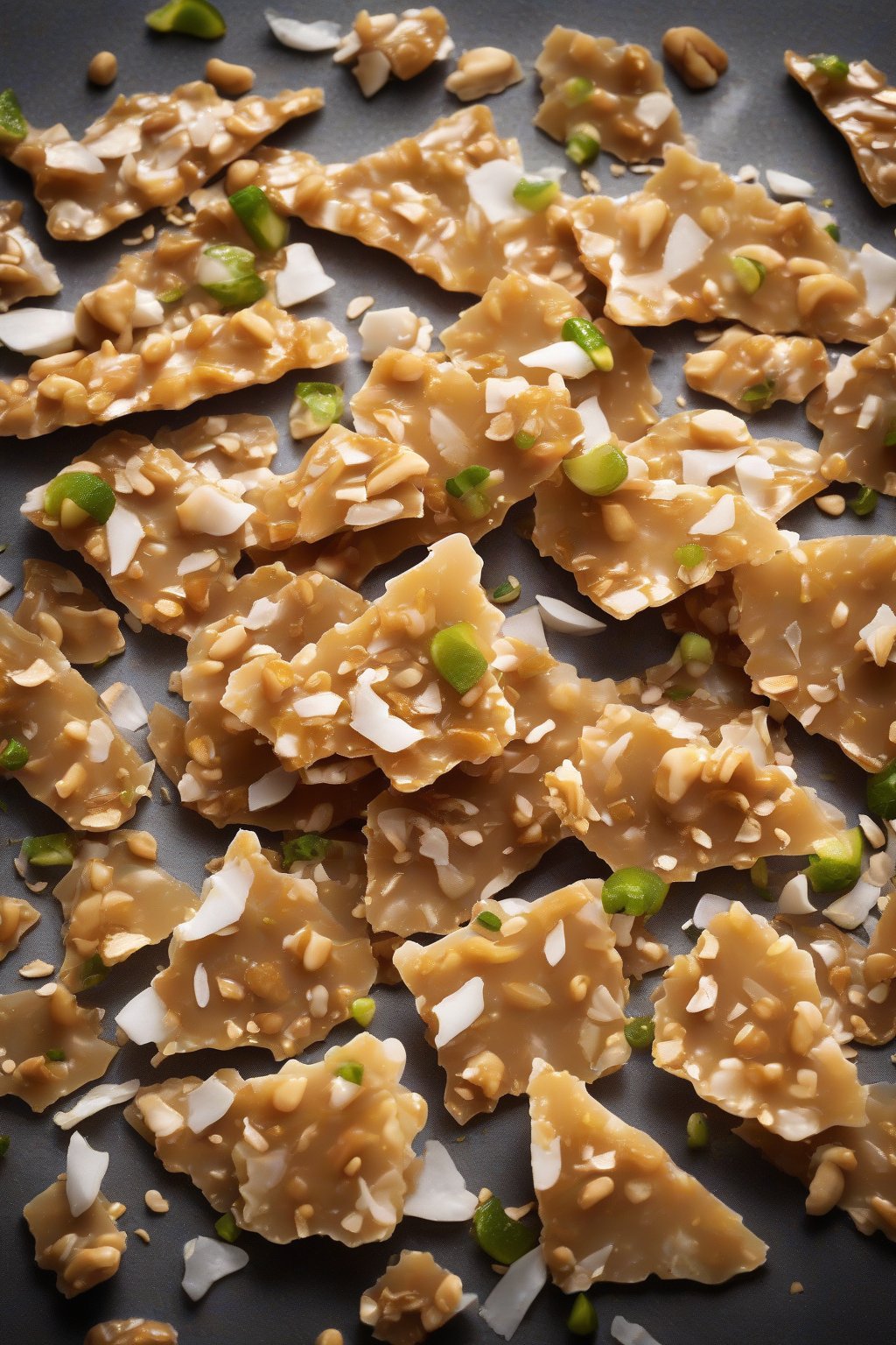 A high-resolution photo of coconut-studded peanut brittle shards with lime zest under soft lighting.