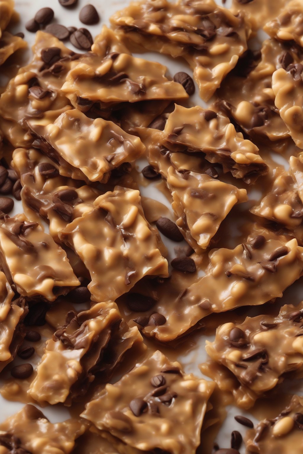A high-resolution photo of coffee-darkened peanut brittle drizzled with chocolate under soft lighting.