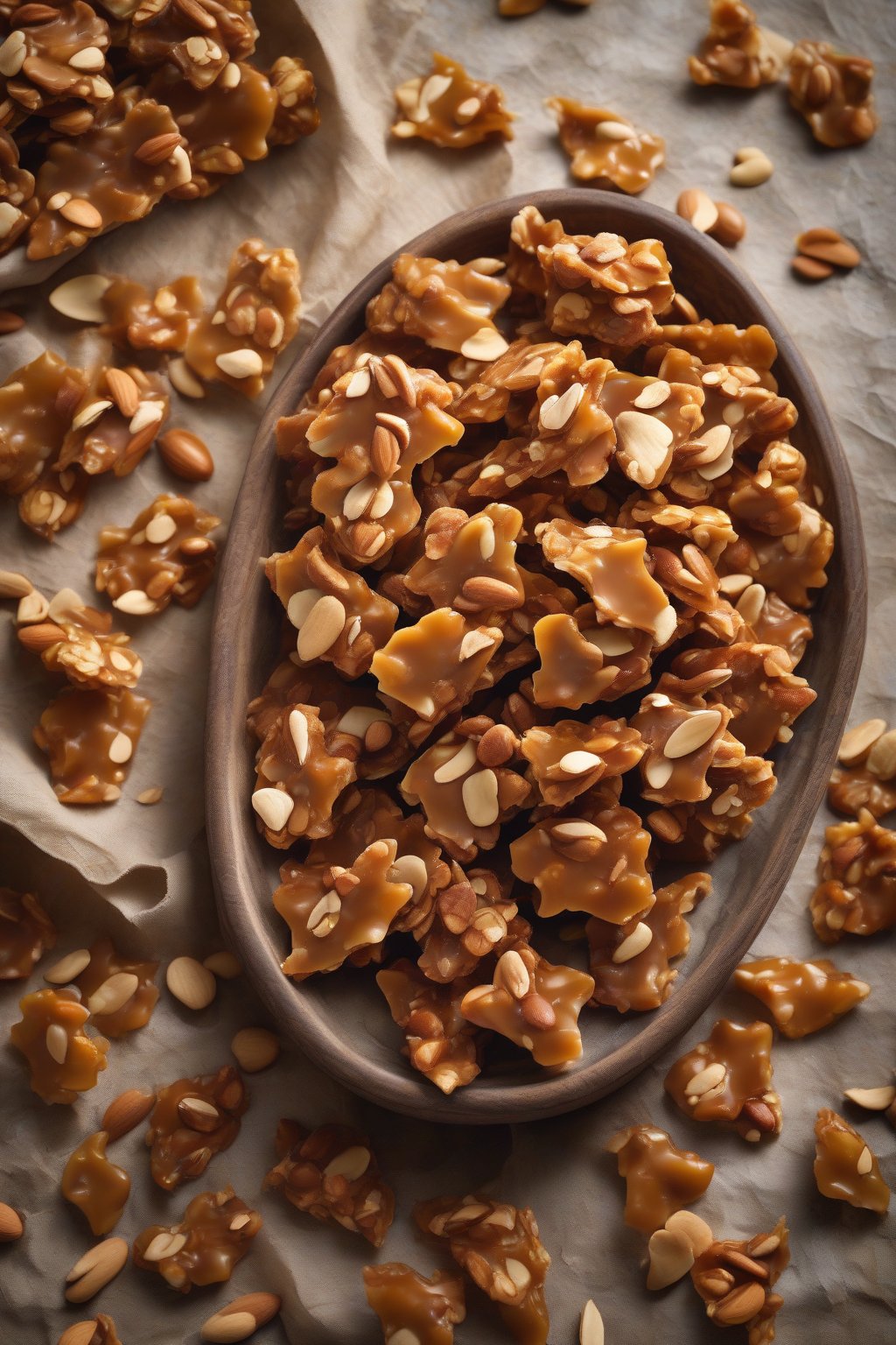 A high-resolution photo of mixed almond-peanut brittle clusters on a rustic table under soft lighting.
