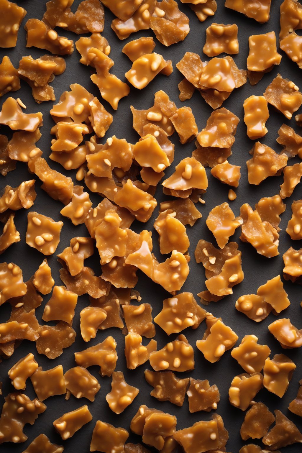 A high-resolution photo of vibrant orange-zested peanut brittle pieces under soft lighting.