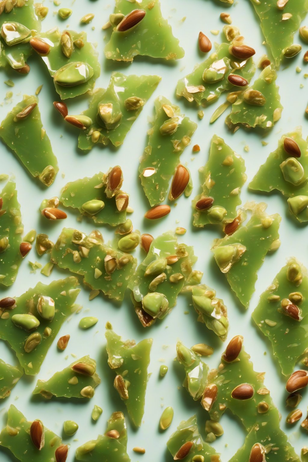 A high-resolution photo of green pistachio-peanut brittle shards sparkling under soft lighting.