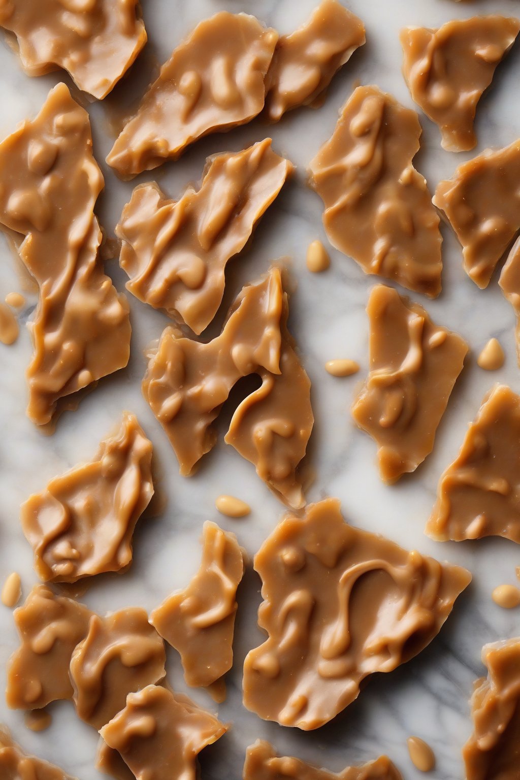 A high-resolution photo of tahini-swirled vegan peanut brittle on a marble surface under soft lighting.