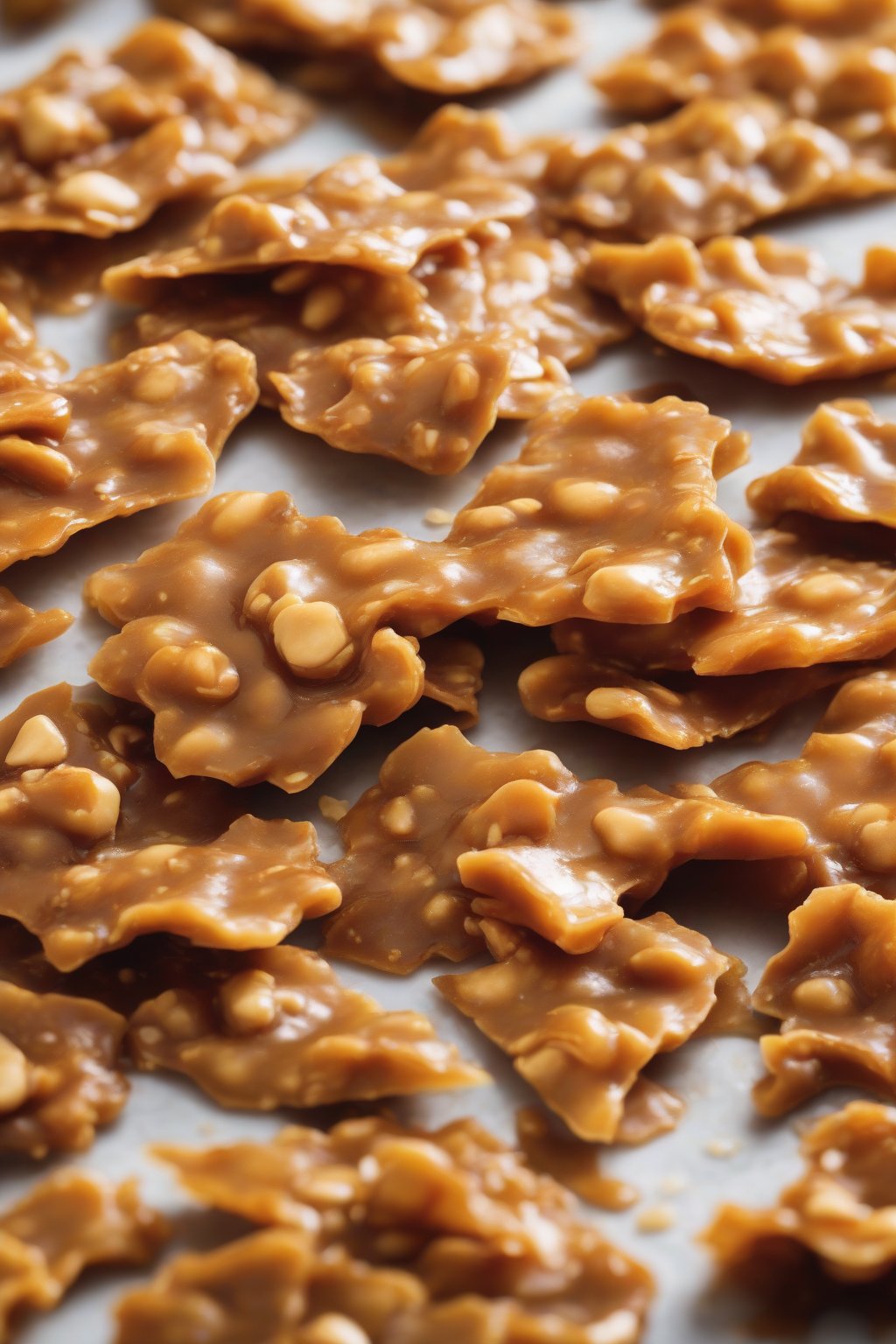 A high-resolution photo of ginger-flecked spicy peanut brittle close-up under soft lighting.