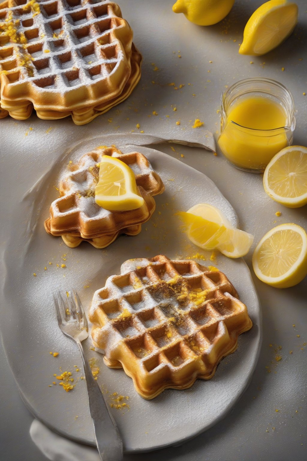 A high-resolution photo of lemon poppyseed golden waffles with bright yellow zest flecks, powdered sugar, under soft lighting.