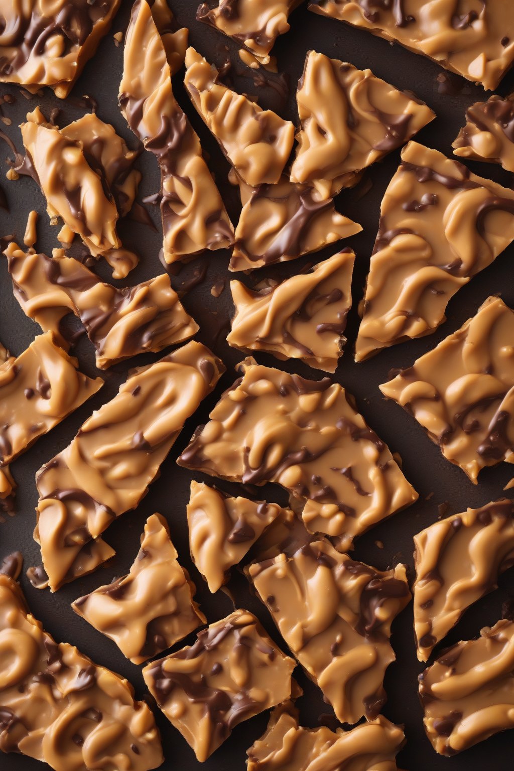 A high-resolution photo of peanut butter-swirled brittle topped with dark chocolate under soft lighting.