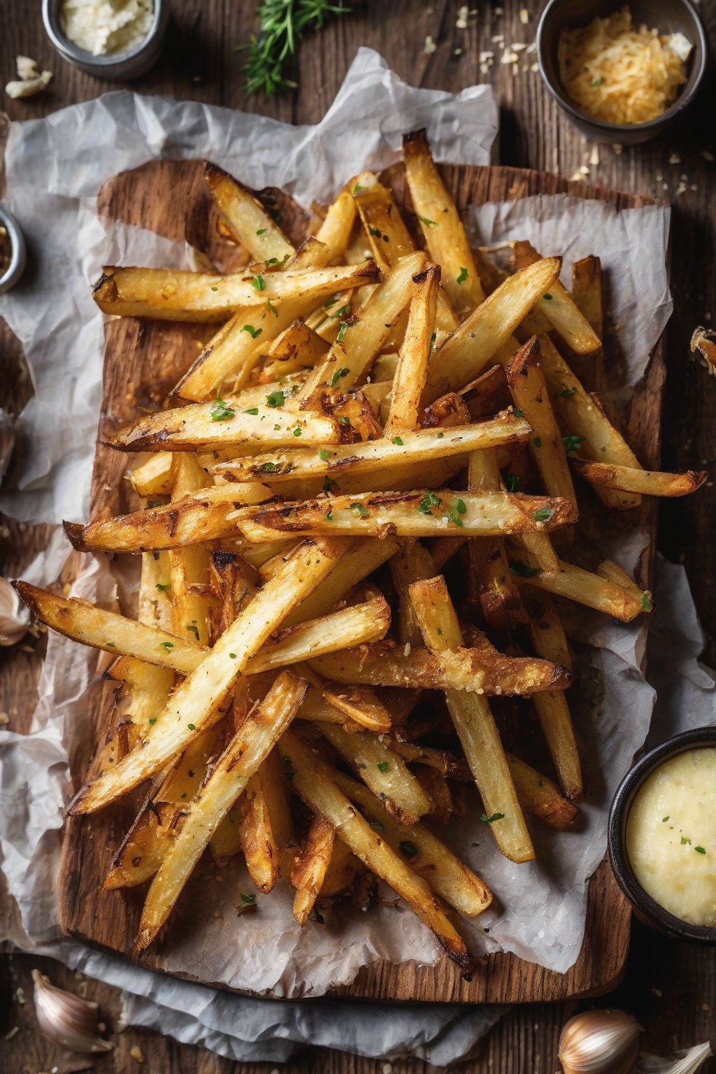 A high-resolution photo of golden garlic Parmesan oven fries piled high on a rustic wooden board under soft lighting.