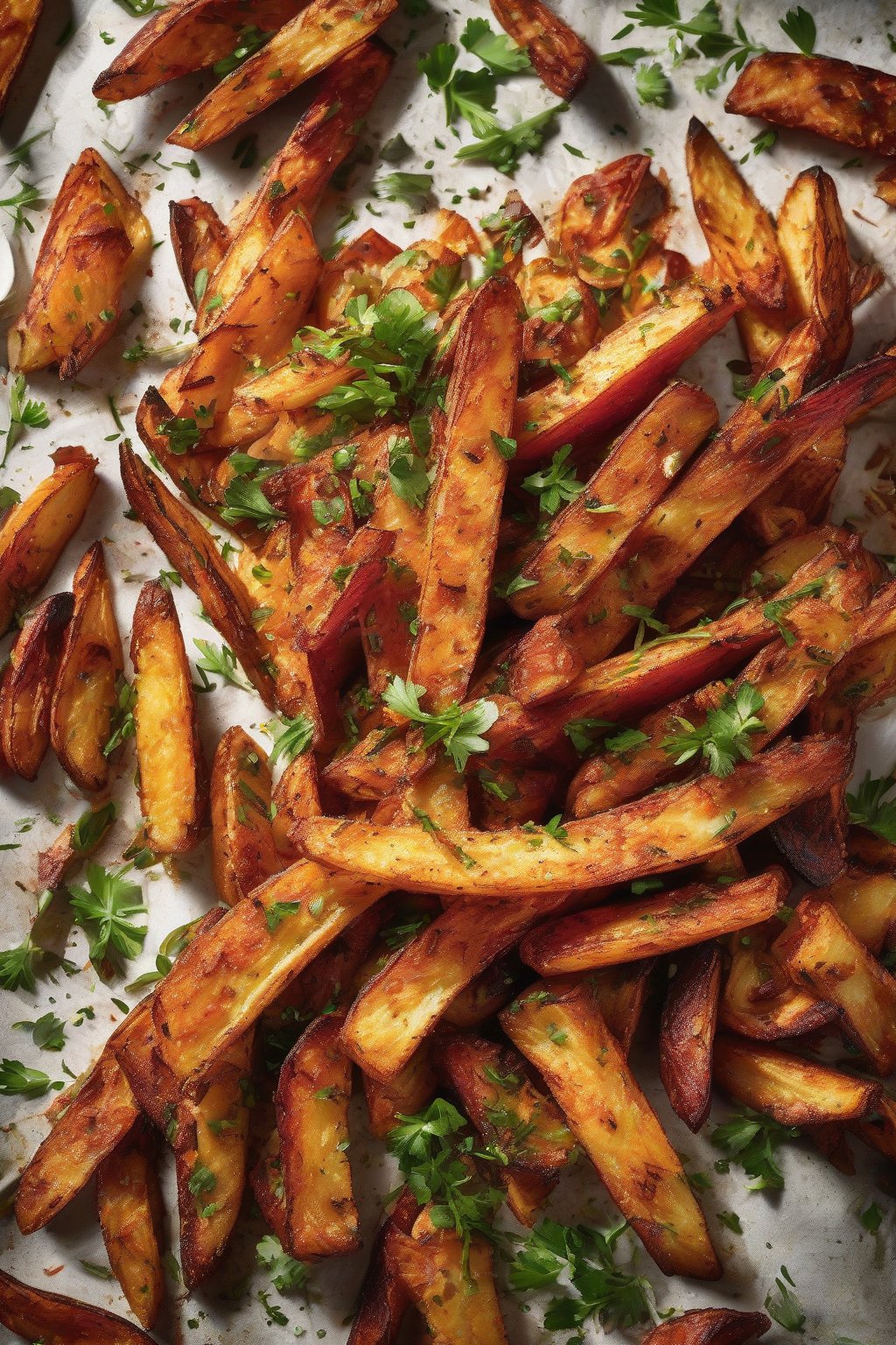 A high-resolution photo of fiery red Cajun oven fries scattered with green herbs under soft lighting.