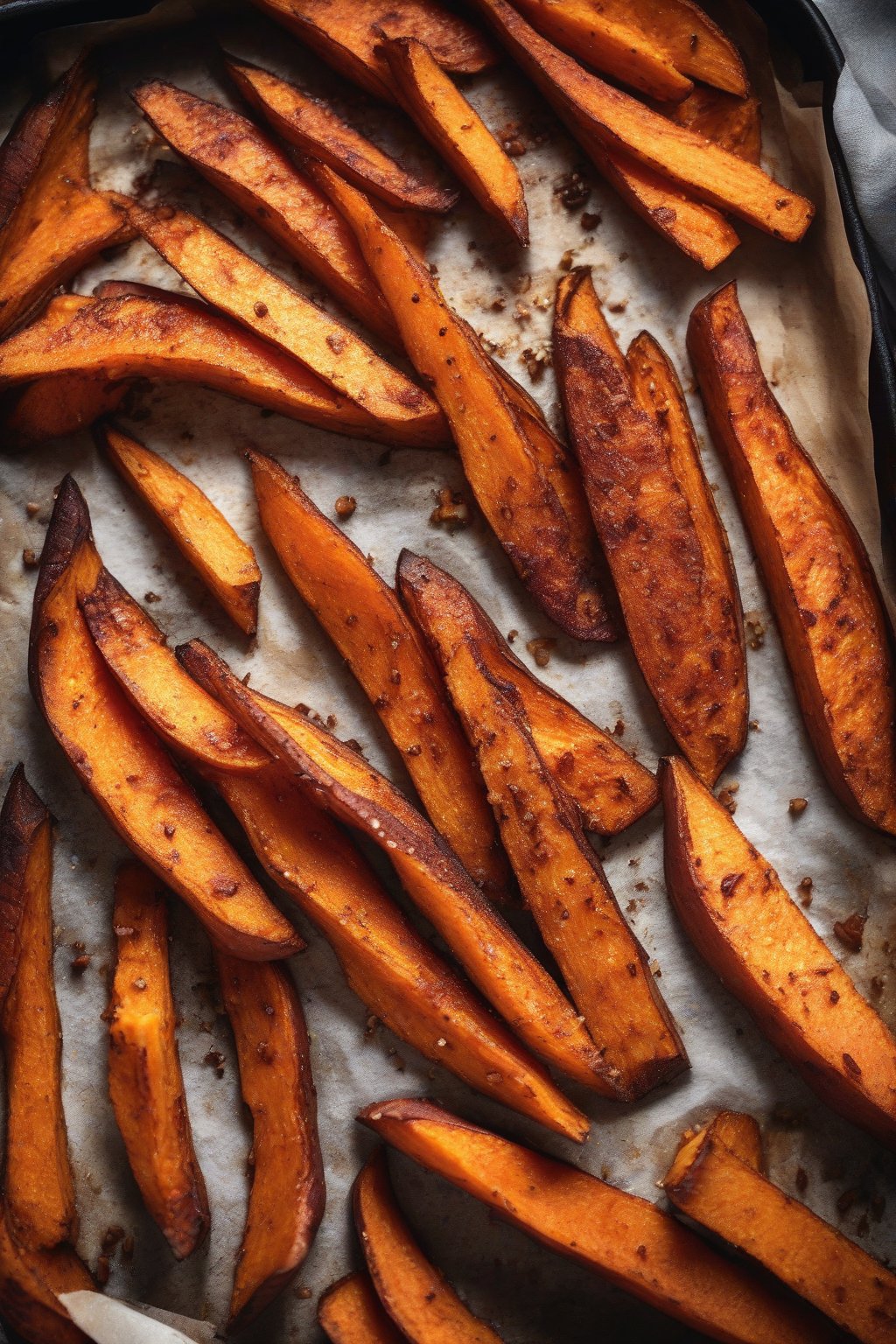 A high-resolution photo of caramelized sweet potato oven fries with a dusting of cinnamon under soft lighting.