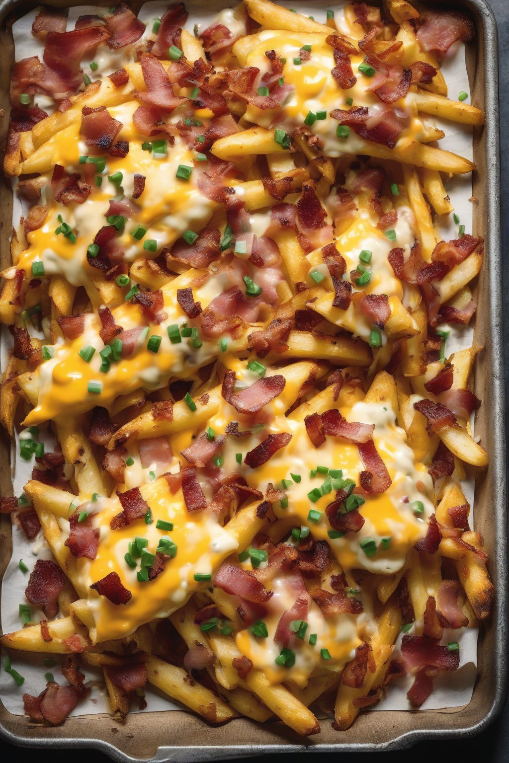 A high-resolution photo of loaded cheesy oven fries topped with bacon and chives under soft lighting.