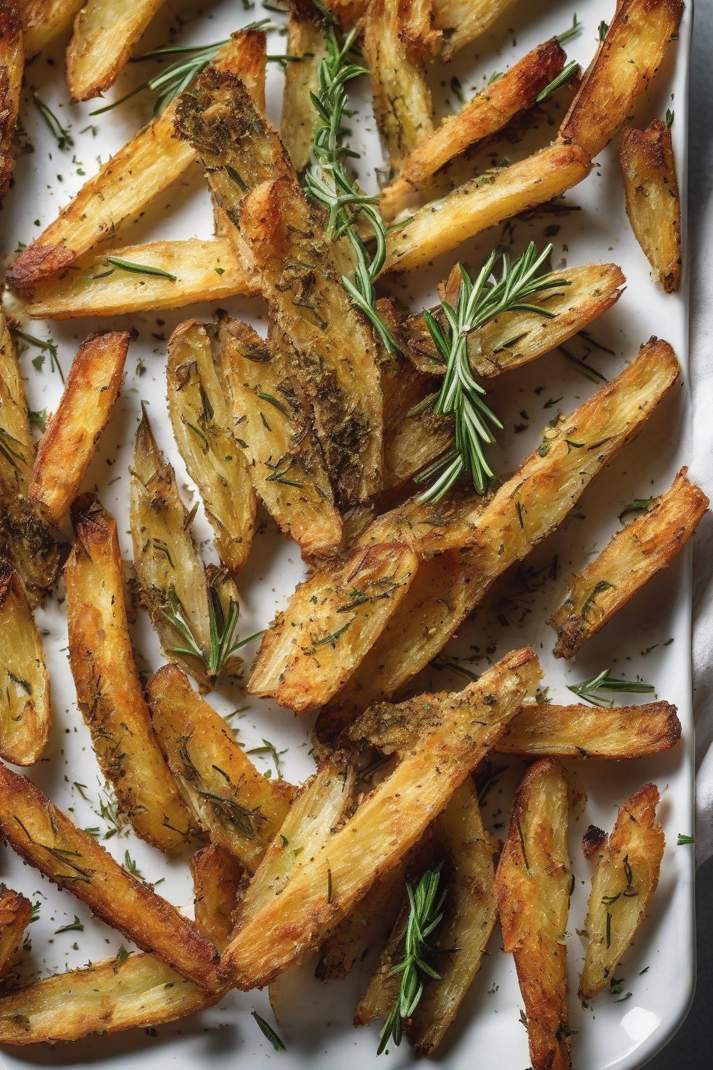 A high-resolution photo of herb-crusted rosemary oven fries on a white plate under soft lighting.