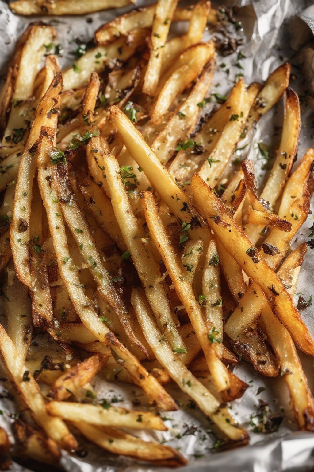 A high-resolution photo of elegant truffle oven fries drizzled with oil under soft lighting.