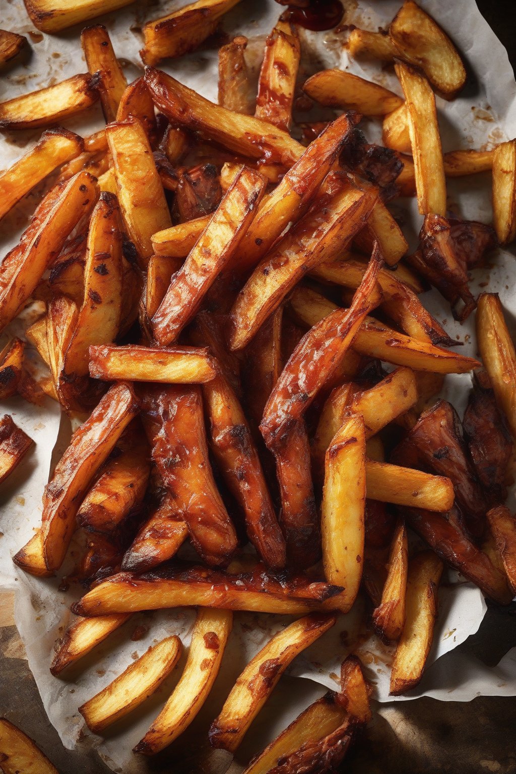 A high-resolution photo of smoky BBQ oven fries with a glossy char under soft lighting.