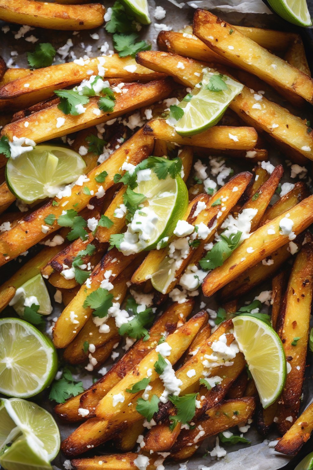 A high-resolution photo of vibrant Mexican oven fries topped with cotija and lime under soft lighting.