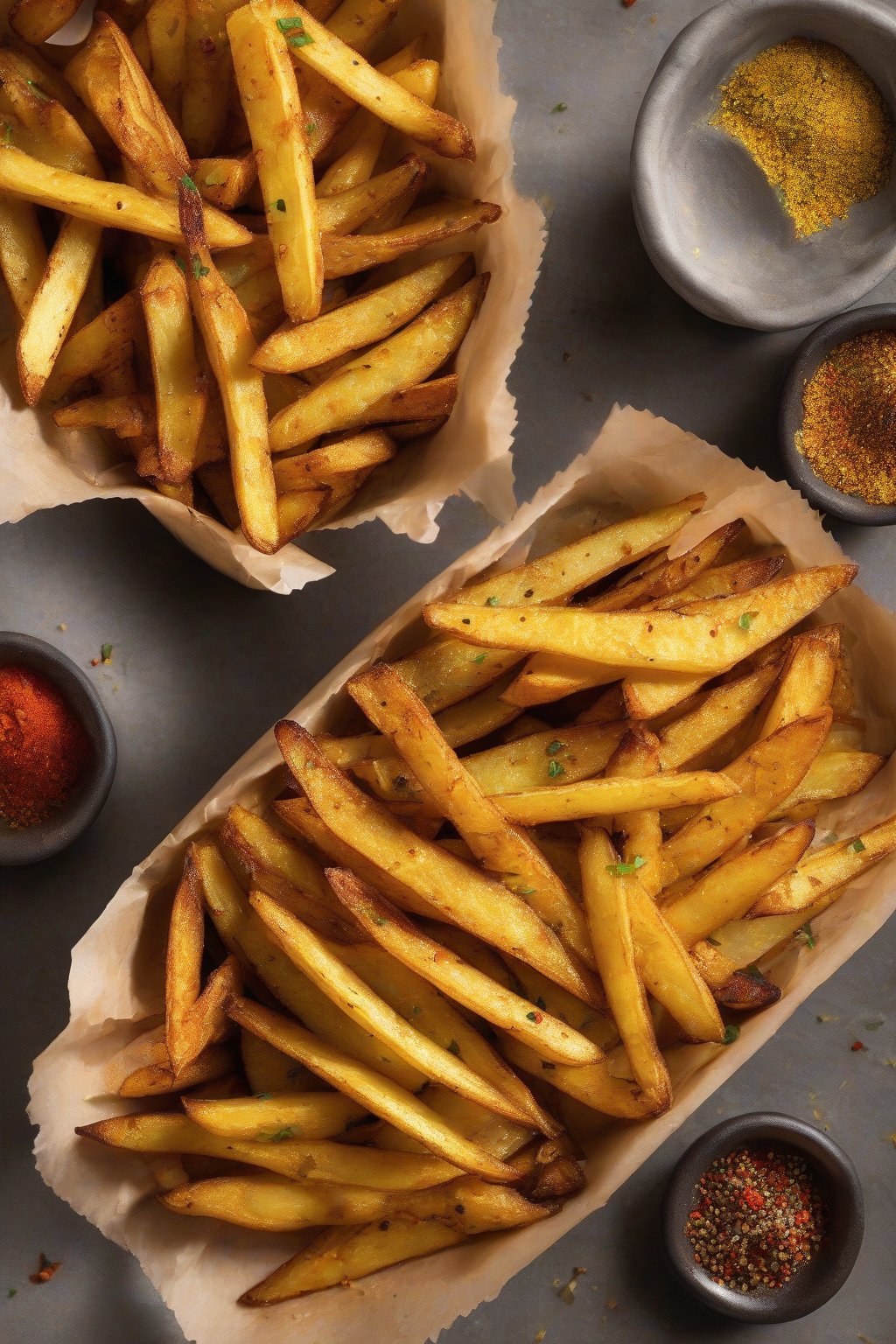 A high-resolution photo of golden curry oven fries sprinkled with spices under soft lighting.